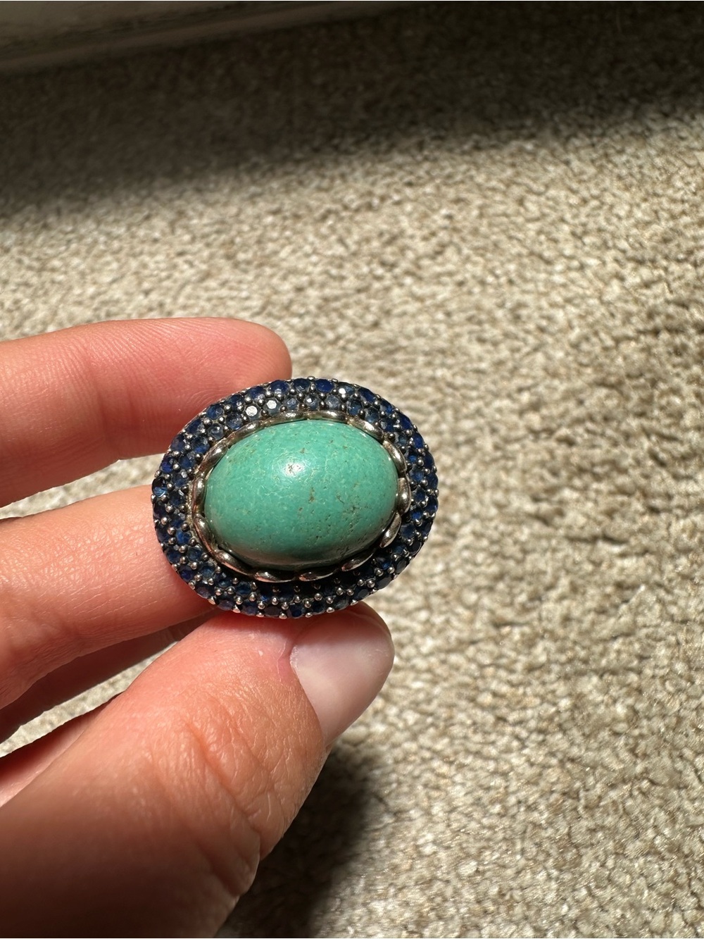 Vintage 925 Sterling Silver Turquoise Oval Blue Gemstone Halo Ring